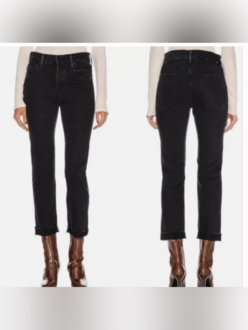 MOTHER Straight Leg Jeans size 27 the scrapper cuff ankle fray black who’s sorry